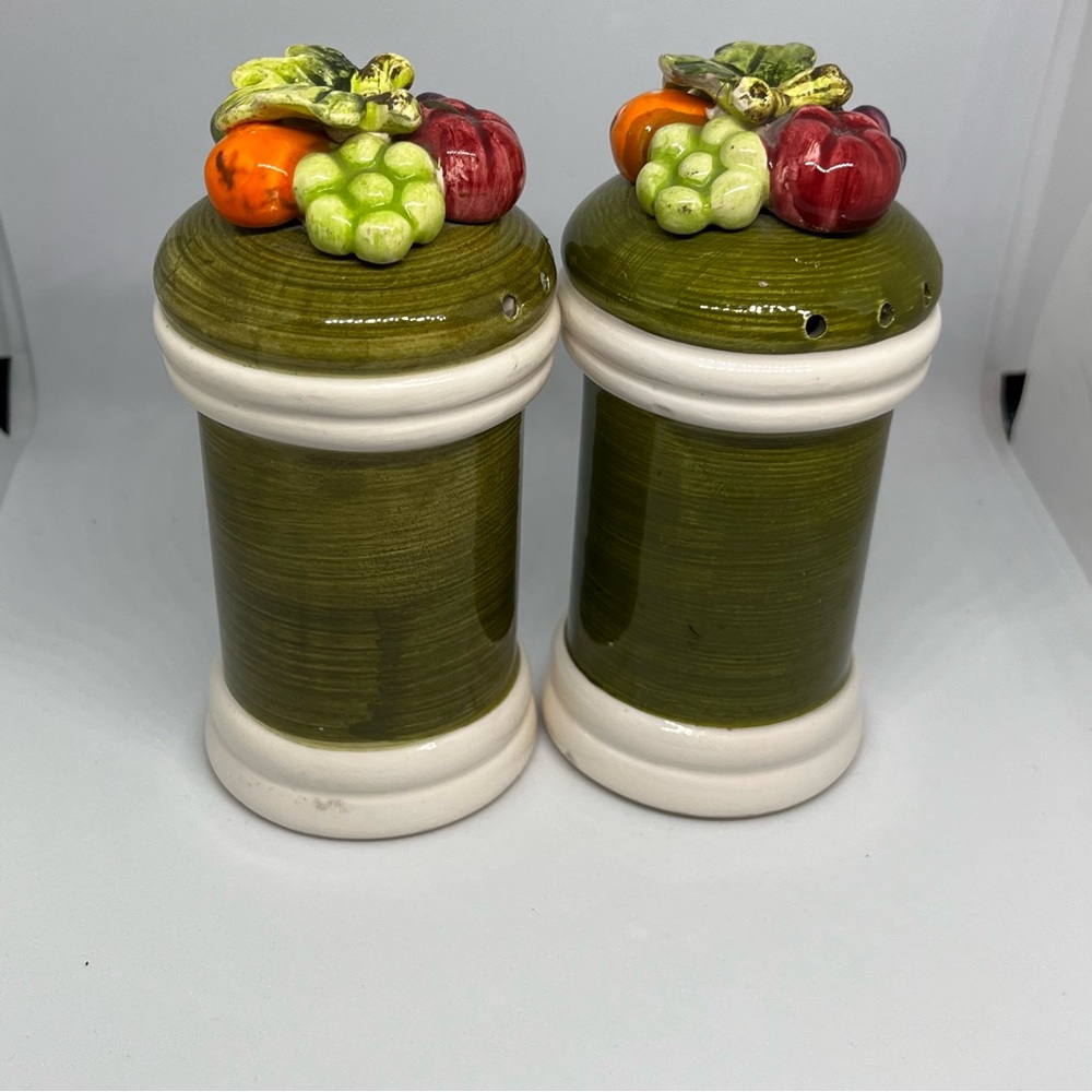 Ceramic Green and White Shakers with Fruit Design